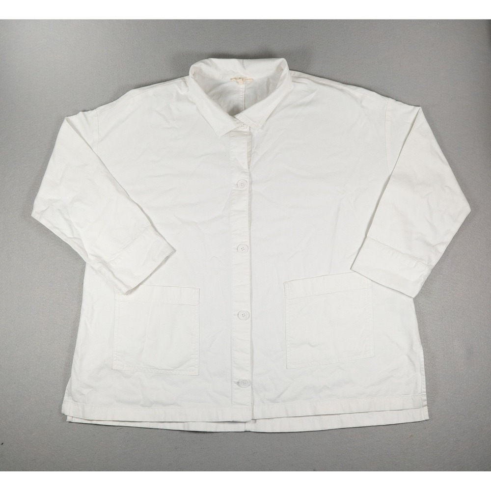 Eileen Fisher Womens Jacket L Organic Cotton Hemp Boxy Button Front White Large